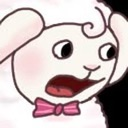 A white cartoon lamb with a pink bow looks shocked with wide eyes and an open mouth.