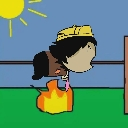 A cartoon person with dark hair and a yellow hat is being roasted over a bright orange fire against a blue sky and green g...