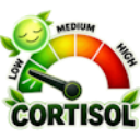 A gauge showing stress levels from low to high with a calm smiling face icon and green leaves.