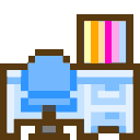 Two pixelated office desks with blue chairs and computer monitors sitting side by side.