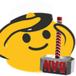 A yellow blob character saluting while holding a large gray hammer with red text on it.