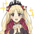 Blonde anime girl with red eyes and a black crown looking excited with sparkling star effects around her head.