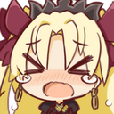 A chibi anime girl with blonde hair and a dark bow wincing with a blushing, flustered expression.