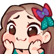 A chibi girl with a large bow on her hair, blushing and looking up with wide, sparkling eyes.