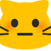 A stylized yellow cat face with a straight line mouth and rosy cheeks looking unimpressed.