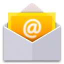 An open gray envelope holding a yellow paper with a glowing white at-symbol.