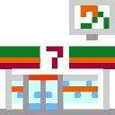 Convenience store storefront in pixel art style with glass doors and colorful signage.