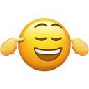 Yellow smiley face with a smug grin and closed eyes holding its fingers in its ears.