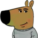 A brown cartoon animal character with a large black nose and a smug, self-satisfied smile wearing a gray sweater.