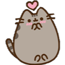 A gray tabby cat with blushing cheeks and a small pink heart floating above its head.