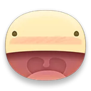A rounded yellow face with a wide open mouth and a light pink blush across its cheeks.