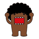Domo monster with a large, open red mouth and sharp teeth roaring with arms raised.