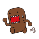 Domo Kun running with a wide open mouth and a sweat drop on its face.