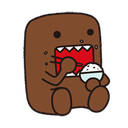 Domo with a wide open mouth holding a bowl of rice and eating with chopsticks.