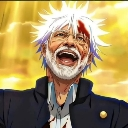 An elderly man with white hair and a bloody forehead laughing with his mouth wide open in an anime art style.