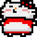 A white cat-like creature with a red outfit wiggles and bounces side to side in a pixel art animation.