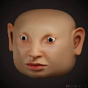 A 3D rendered human head with a bald scalp and wide, blank eyes looking forward.