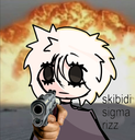 Anime character with wide eyes pointing a handgun at the camera with a large explosion in the background.