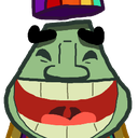 A green cartoon character with a wide, toothy grin wearing a rainbow-striped hat.
