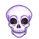 Skull with a purple tint and hollow black eyes, smiling slightly.