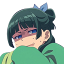 Anime girl with dark hair looking suspicious and disgusted with a cringing expression.