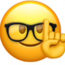 Smiley face wearing black glasses with one finger raised in a gesture of correction.