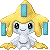 Jirachi character in four different pixel art poses showing a happy and calm expression.