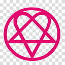 A pink heart shape containing a pentagram inside a circle.
