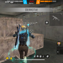 Player character standing in a game lobby with the word Derrota displayed on screen.