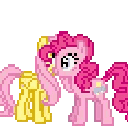 Two ponies, one pink and one yellow, perform a series of movements that end in a friendly hug.