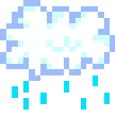 Two fluffy white pixelated clouds with blue outlines raining blue droplets.