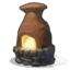 Furnace with a glowing fire inside sits on a stone base.
