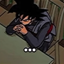 Goku Black sitting at a table with hands clasped in a thoughtful pose with an ellipsis below him.