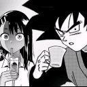 Nagatoro and Goku look shocked while holding drinks in a black and white manga style.