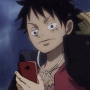 Monkey D Luffy looking at a red smartphone with a bored and unimpressed expression.