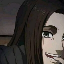 Eren Yeager with long dark hair has a mischievous, dark smirk on his face.