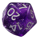 A purple 20-sided die with white numbers showing a 20 at the top.