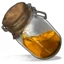 A glass jar with a brown cork lid containing a glowing yellow liquid.