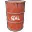 A red metal barrel with a white oil logo printed on the side.