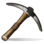 A pixelated pickaxe with a brown handle and a metallic head.