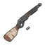 A pixel art pump-action shotgun angled diagonally against a red and black background.