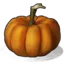 A round orange pumpkin with a green stem sits against a black background.