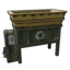 A dark green industrial recycling bin with a yellow top and a recycling symbol on the front.