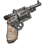 A weathered revolver wrapped in bandages pointing towards the upper right.