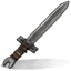 A small pixel art sword with a gray blade and dark handle against a black background with a red accent.