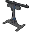 A gray 3D tripod stand with blue accents standing on a black background.