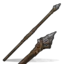 A primitive spear with a stone tip and wooden handle angled diagonally.