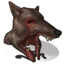 A gray wolf head snarling with its mouth wide open, showing sharp teeth and red accents.