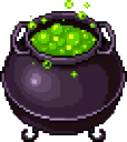 Cauldron filled with a bubbling green potion that animates with rising bubbles.
