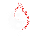 A pixel-art yin-yang symbol with one side surrounded by red flames against a black background.